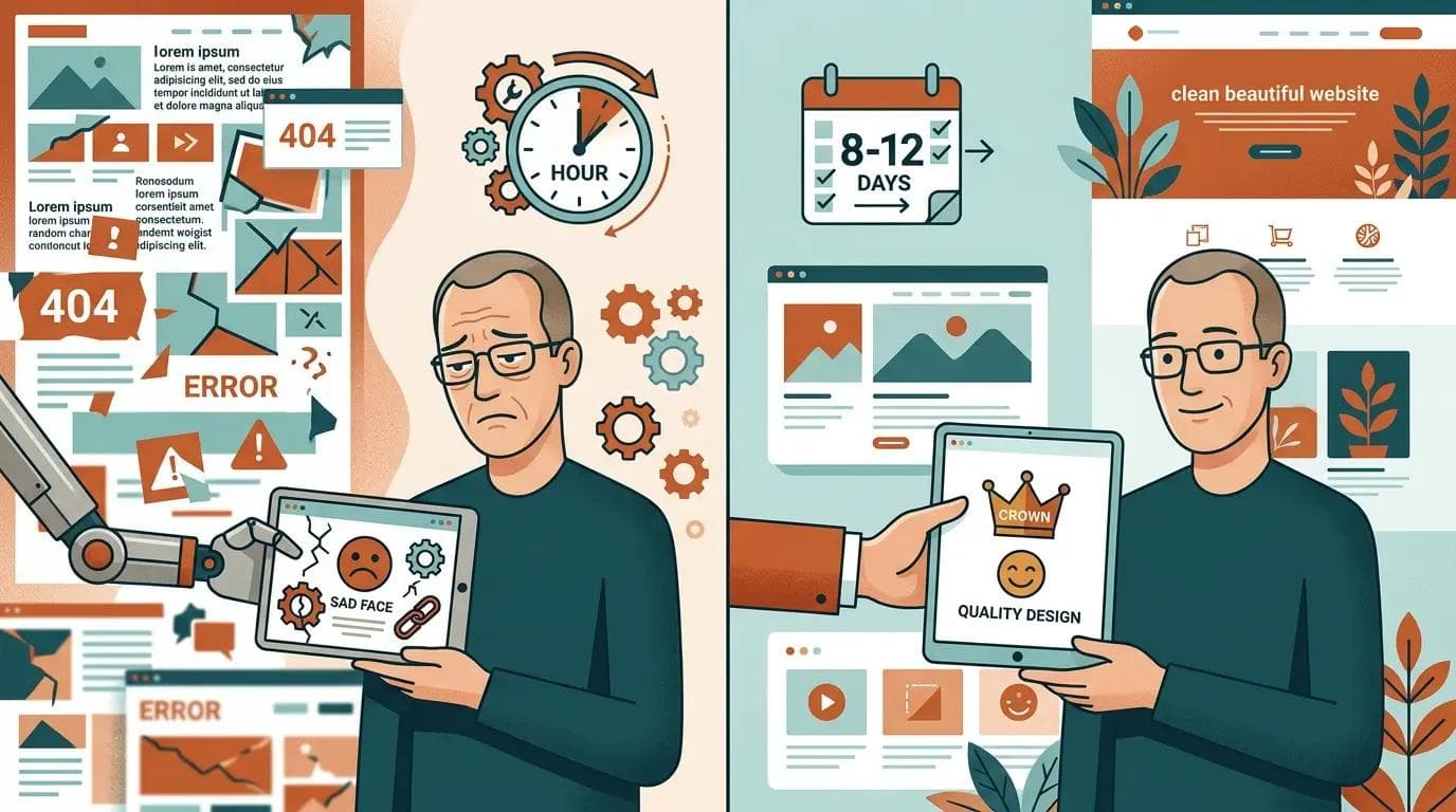 Comparison showing fast messy website versus properly built website