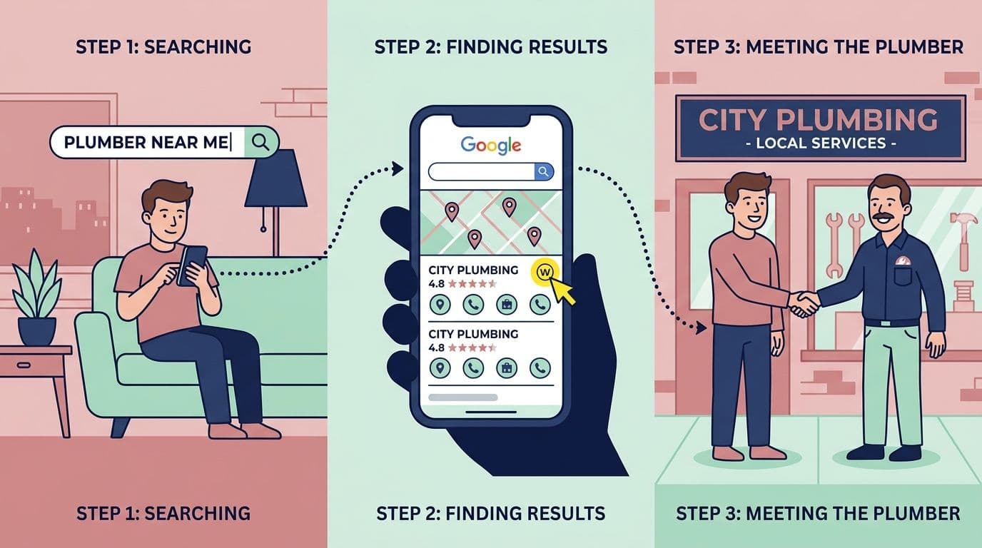 Three step process showing how customers search online and find small business websites before visiting in person.