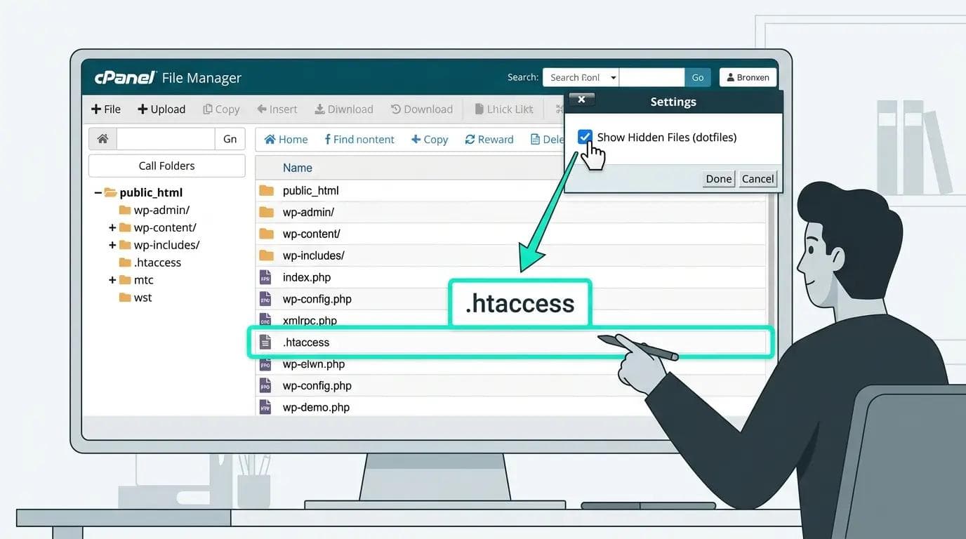 cPanel File Manager interface showing WordPress root directory with htaccess file