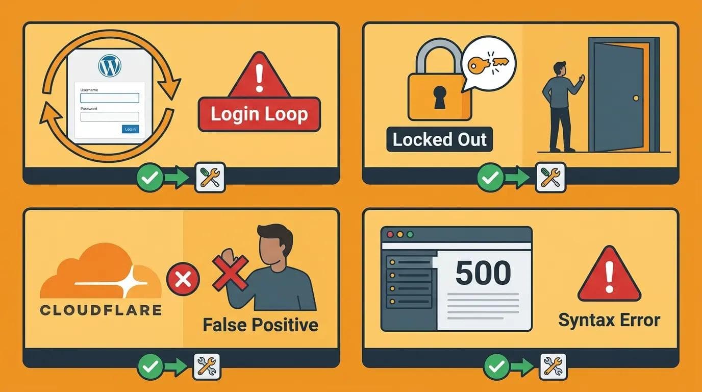 WordPress htaccess login protection issues including login loop, lockout, Cloudflare false positive, and 500 error