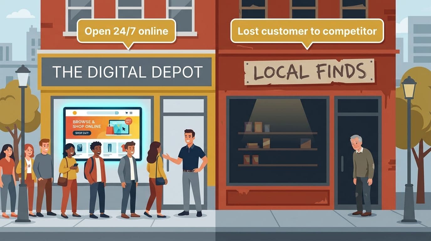 Two small businesses side by side showing one with a website attracting customers and one without a website losing to competitors.