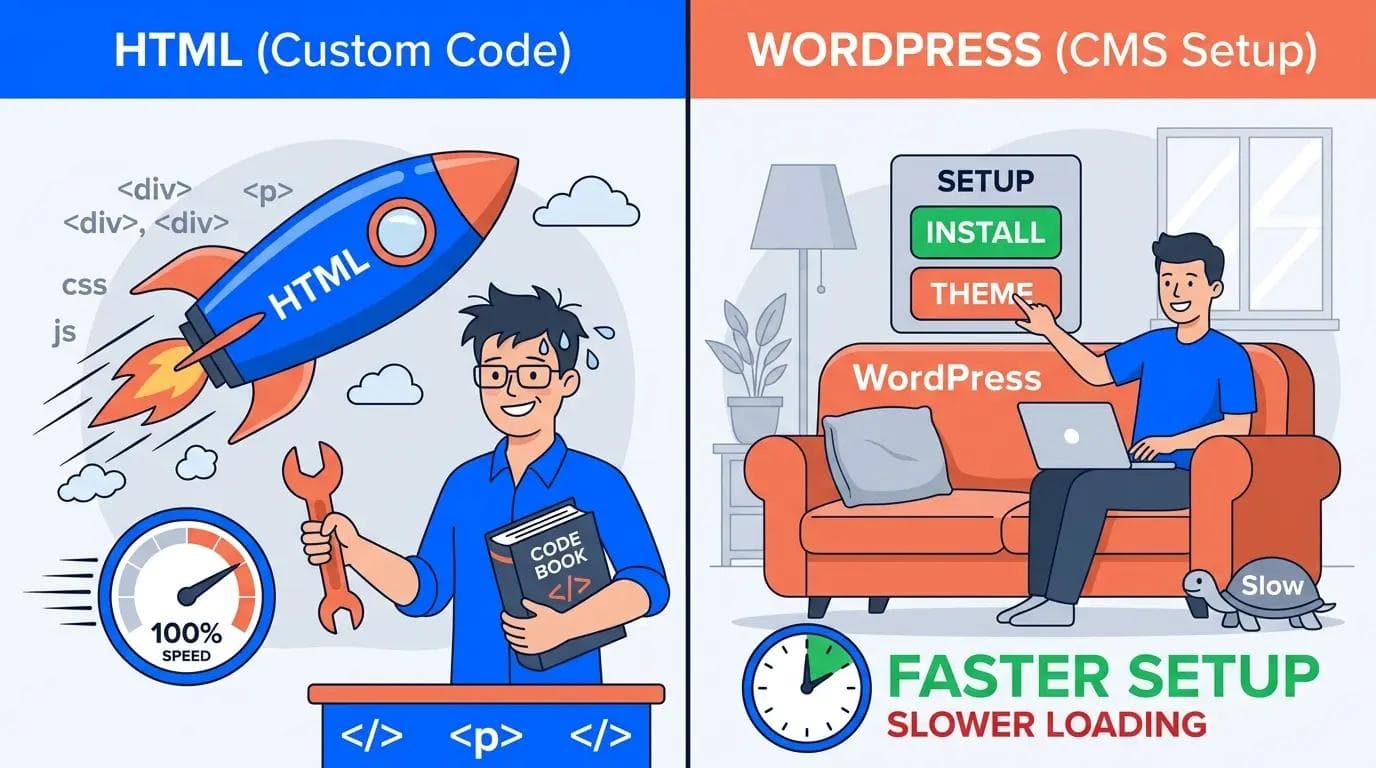 Comparison of HTML website offering faster speed but harder to update versus WordPress offering easier setup but slower performance for small business.