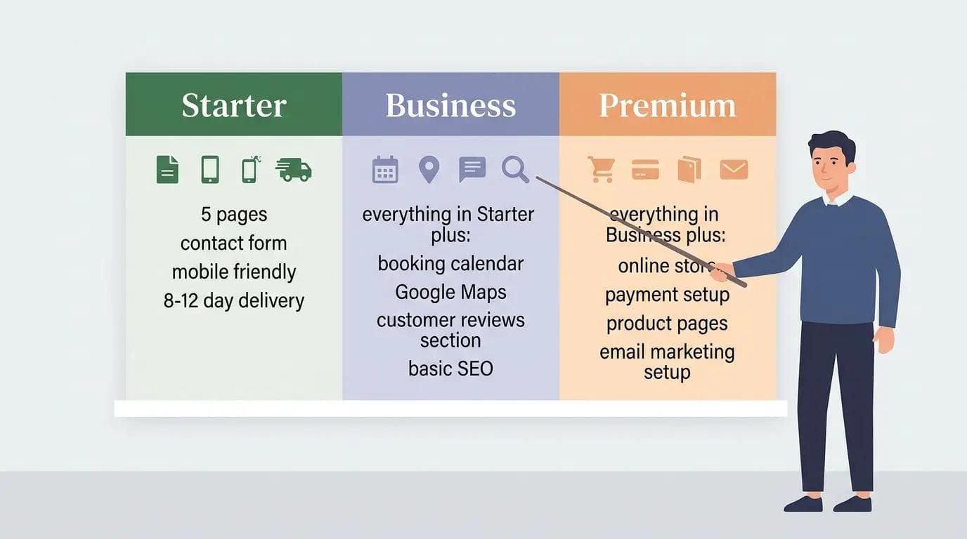 Three column breakdown showing what features are included in Starter, Business, and Premium website packages for small businesses.