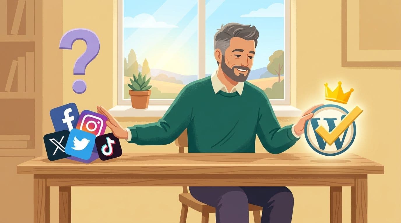 Small business owner choosing a professional website over just social media for long term business success in 2026.