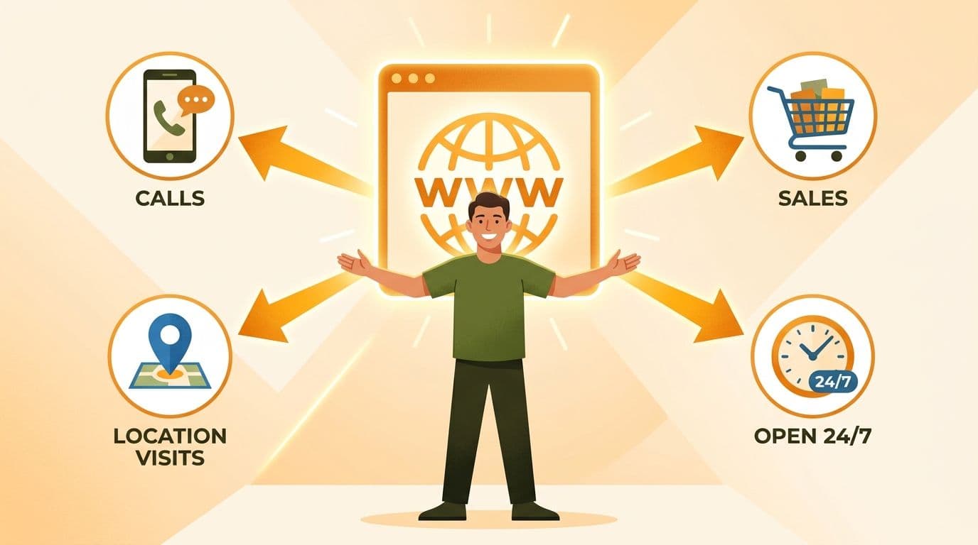 Small business owner showing how a website brings calls, sales, location visits, and 24/7 availability in 2026.