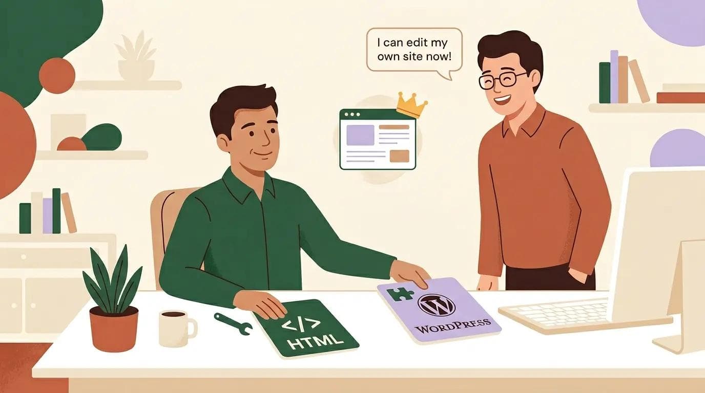 Small business owner choosing WordPress over HTML because it allows easy self editing while keeping professional quality.