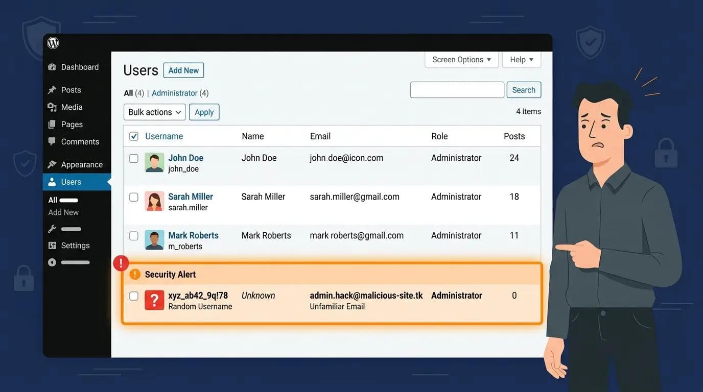WordPress dashboard showing unknown admin users