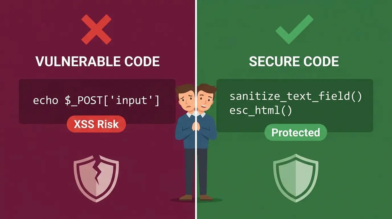 Split panel showing vulnerable WordPress code with direct POST echo on left versus secure code with sanitize_text_field and esc_html on right demonstrating the difference between XSS vulnerable and protected WordPress development
