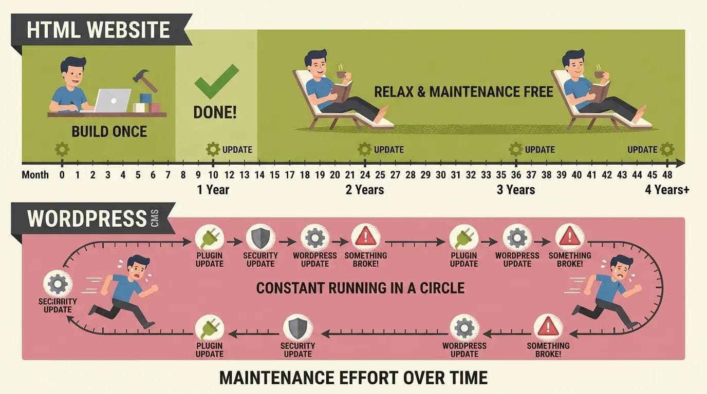 Timeline showing HTML website requires rare updates while WordPress needs constant plugin, security, and core updates for small business owners.