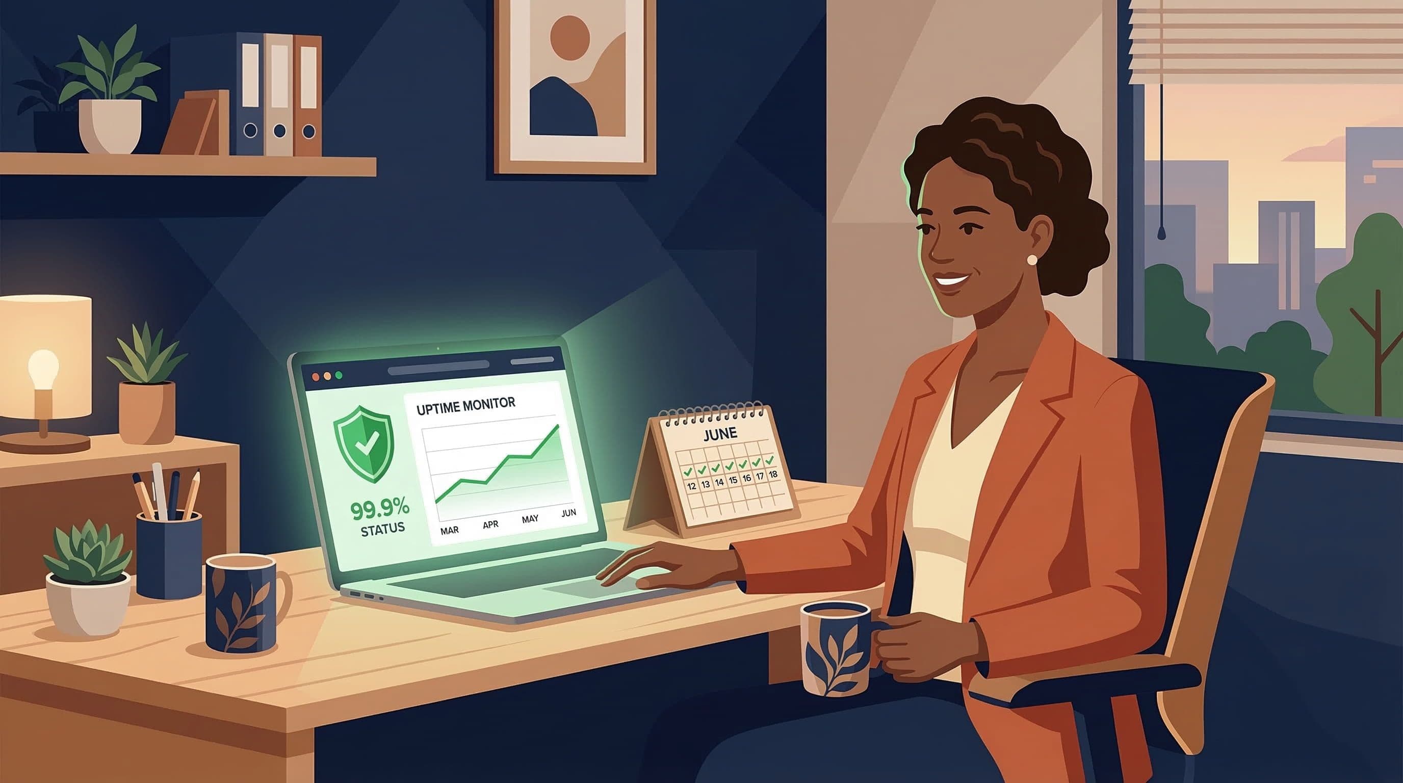 Small business owner with a maintained WordPress website running reliably with security and backups configured