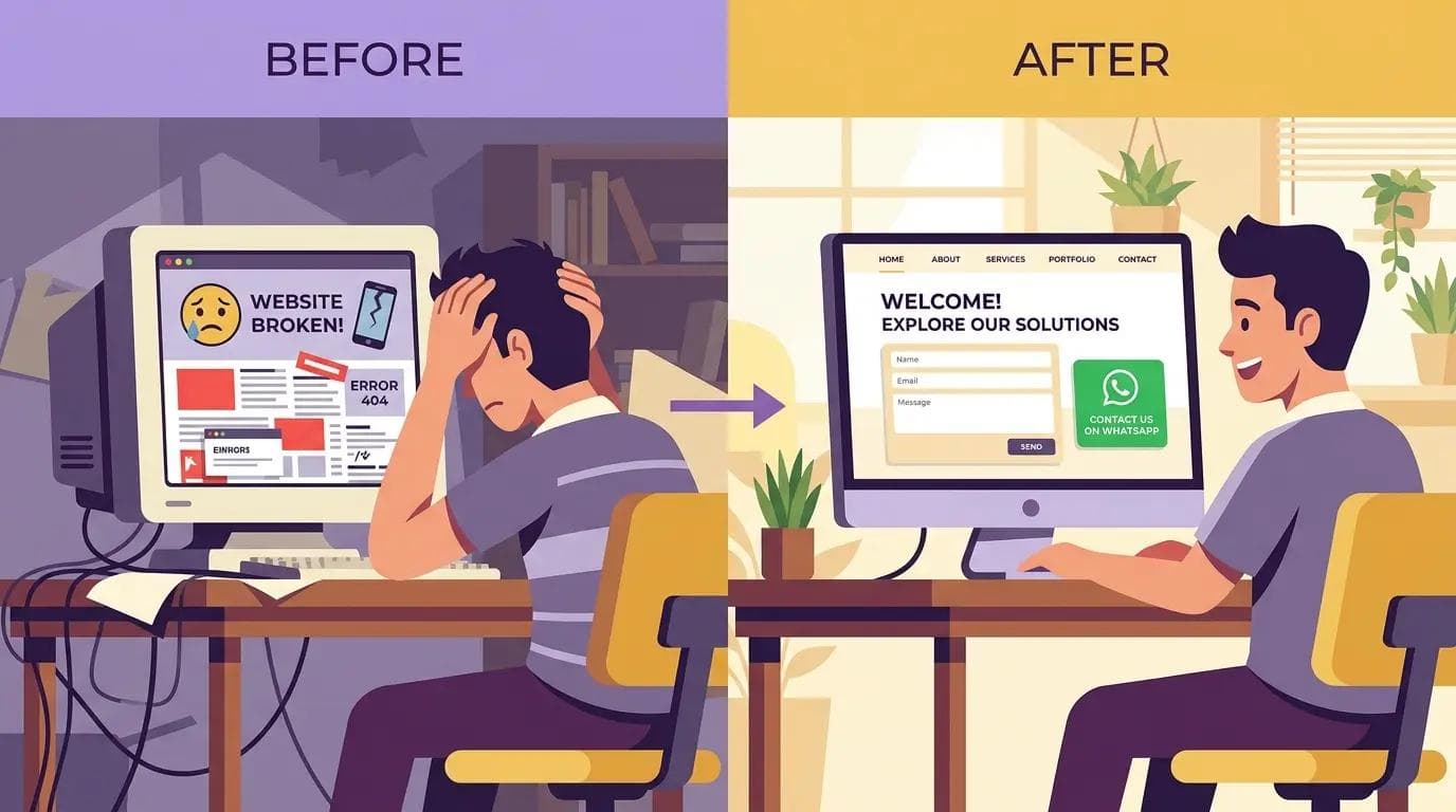 Before and after showing ugly website vs beautiful affordable professional website