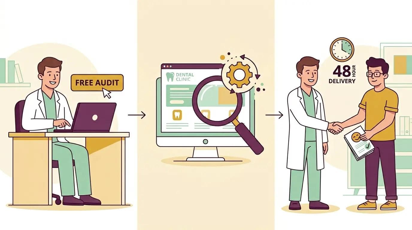 Three step process showing dentist claiming free website audit receiving analysis report and getting professional website design help.