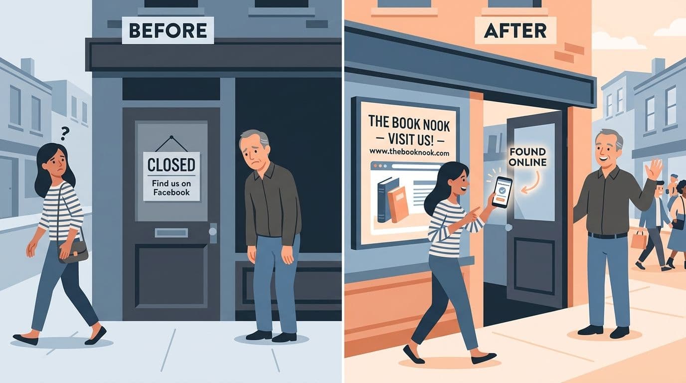 Comparison of small business with no website losing customers versus business with website attracting customers in 2026.