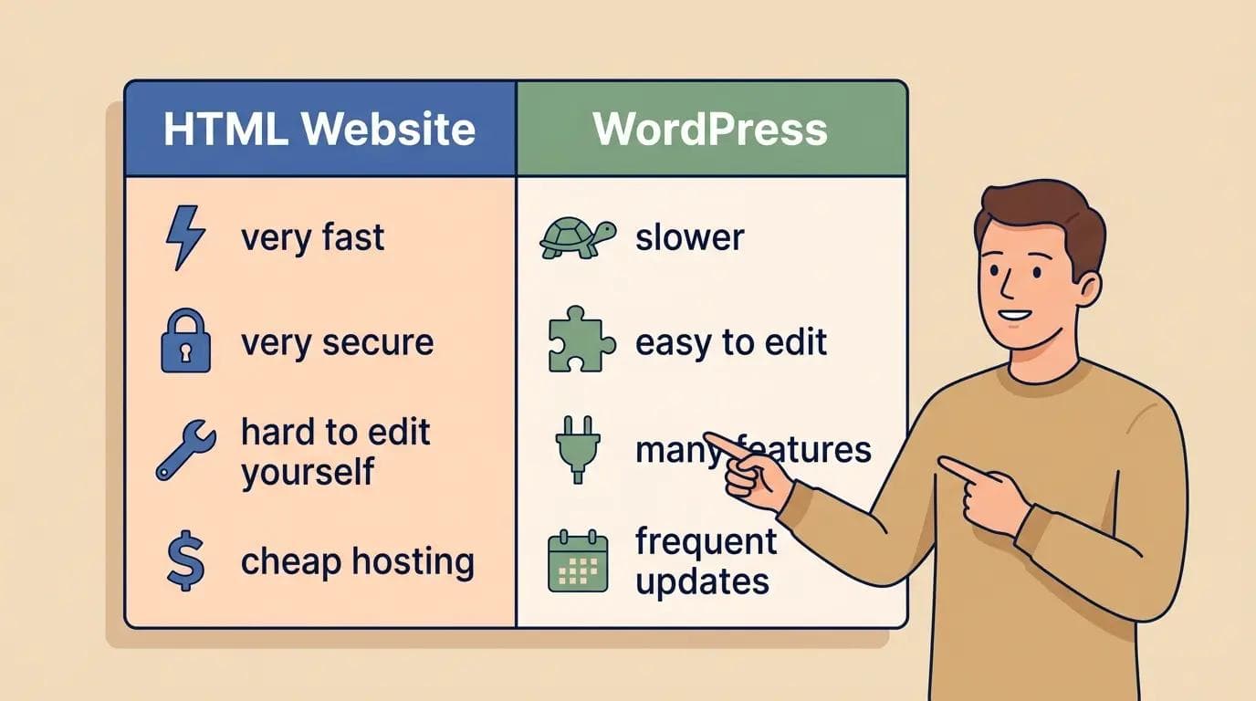 Feature breakdown chart comparing HTML website speed and security versus WordPress ease of editing and features for small business.