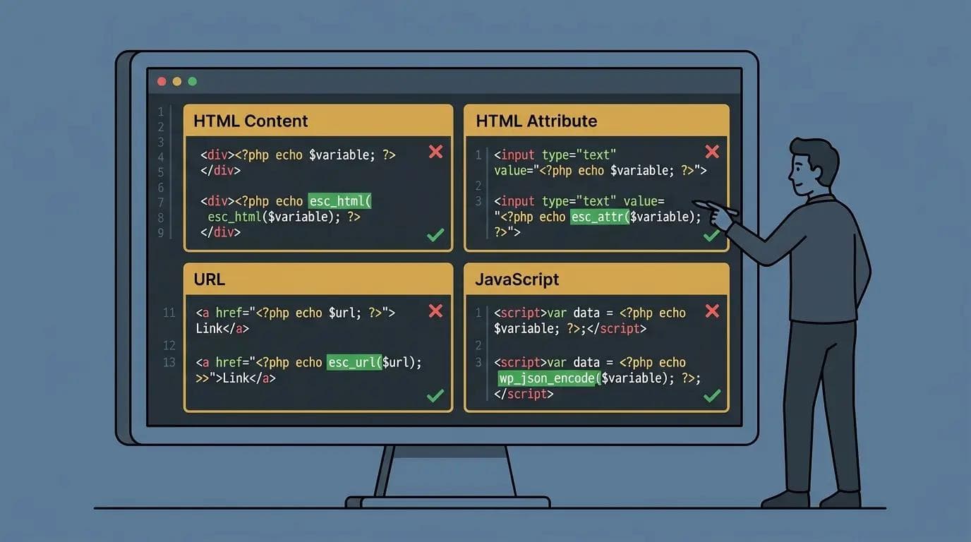 Code editor showing four context-aware WordPress escaping functions with correct usage: esc_html for HTML content, esc_attr for attributes, esc_url for URLs, and wp_json_encode for JavaScript