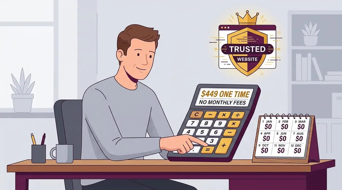 Business owner calculating long term value of one time $449 website design cost for small business with no monthly fees.