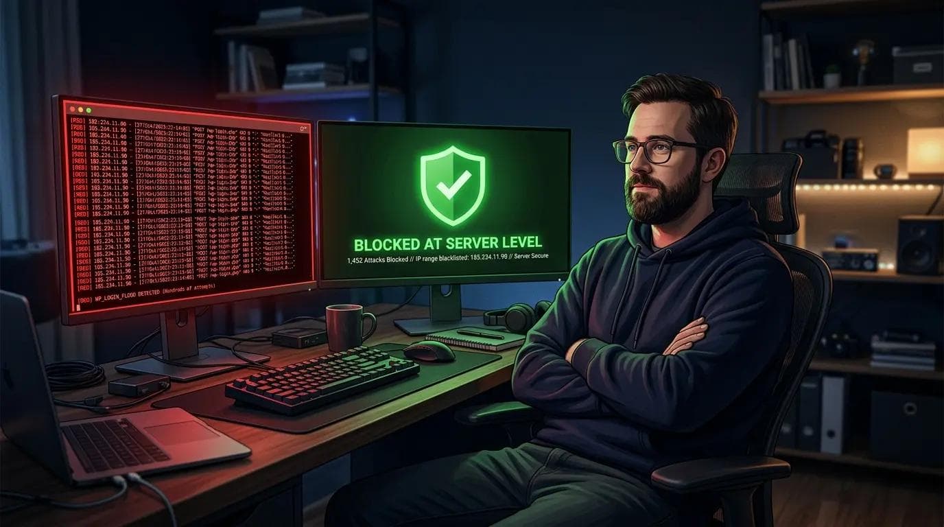 Web developer monitoring WordPress brute force attack logs