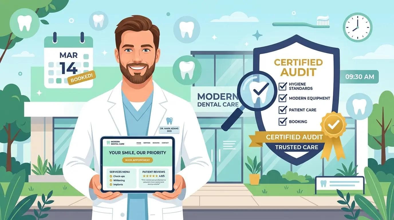 Dentist holding tablet showing professional dental website design with free website audit checklist for dental practice online presence.