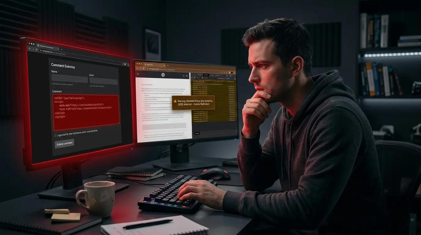 Developer monitoring WordPress XSS attack showing malicious script in comment form