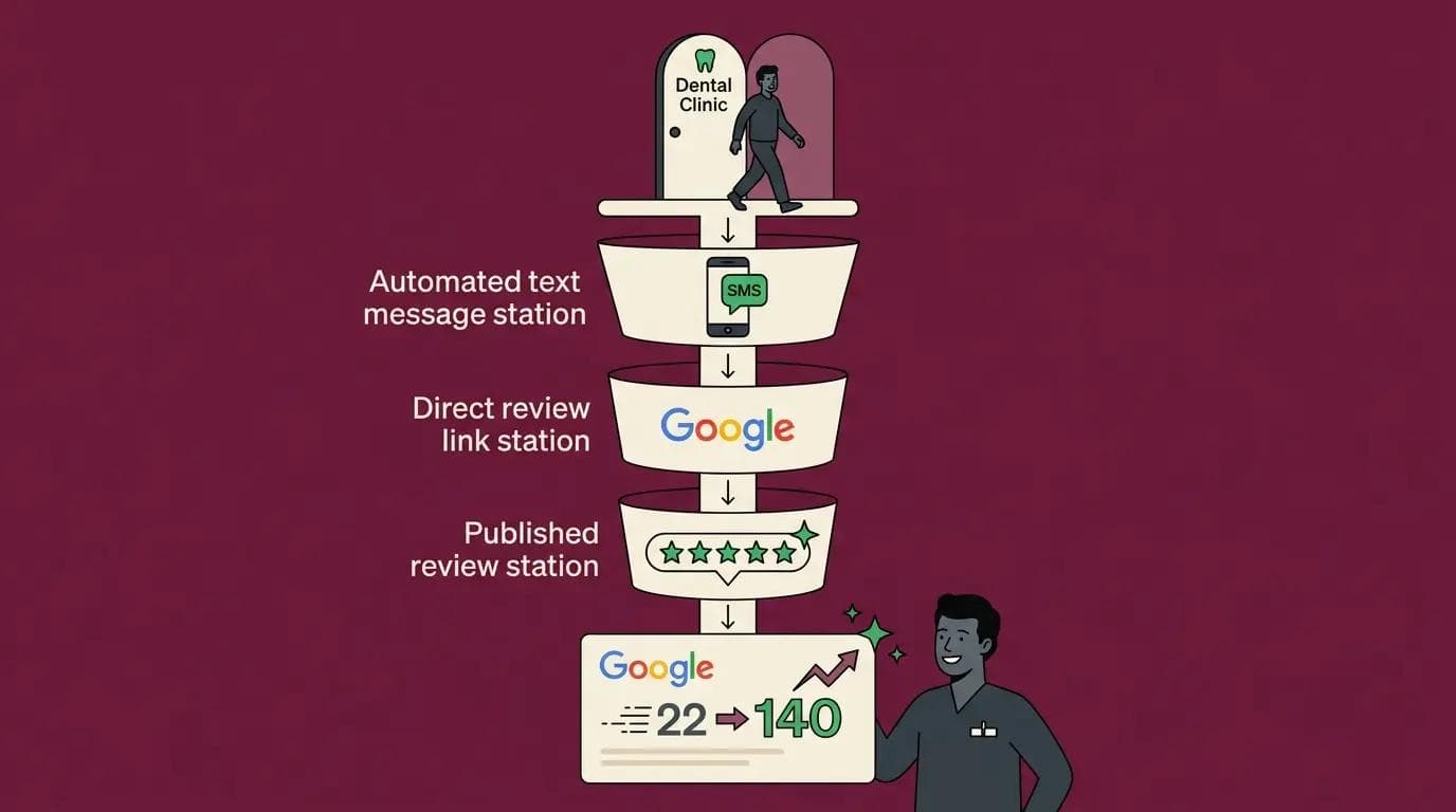 Dental practice review funnel showing automated text message system converting patient visits into Google reviews growing from 22 to 140 reviews over time