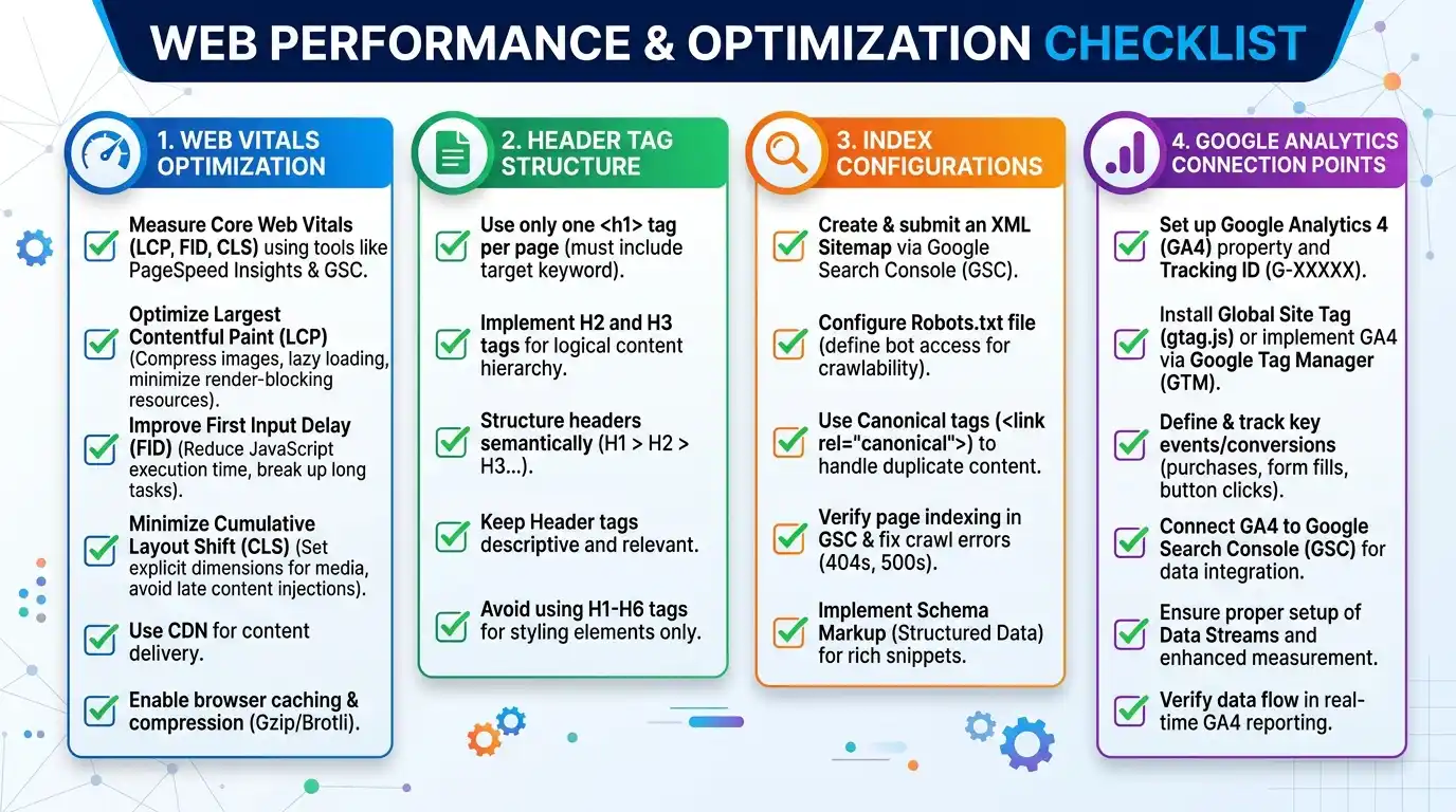 Graphic checklist displaying Web Vitals optimization, header tag structure, index configurations, and Google analytics connection points.