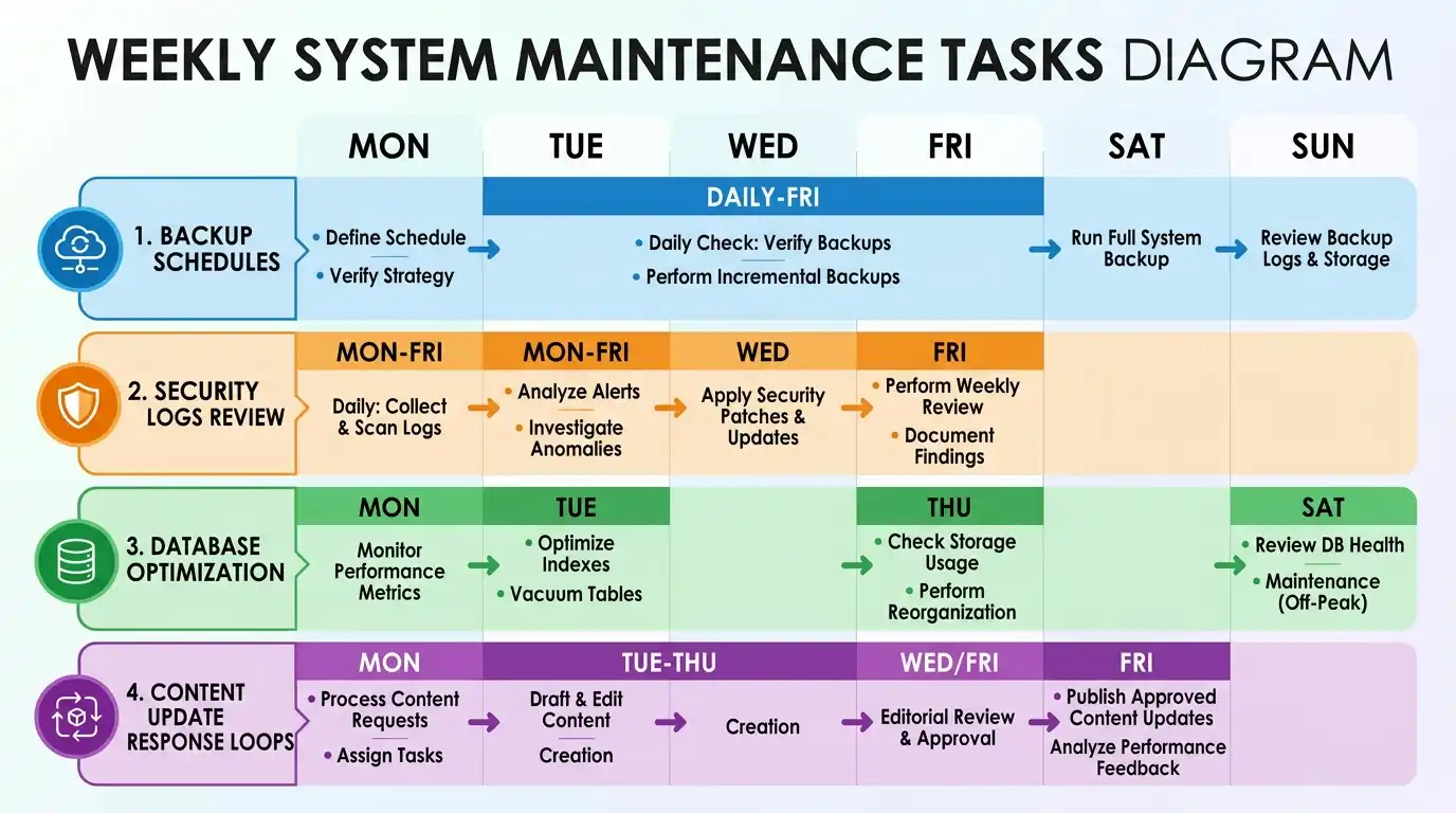 Diagram showing weekly tasks: backup schedules, security logs review, database optimization, and content update response loops.
