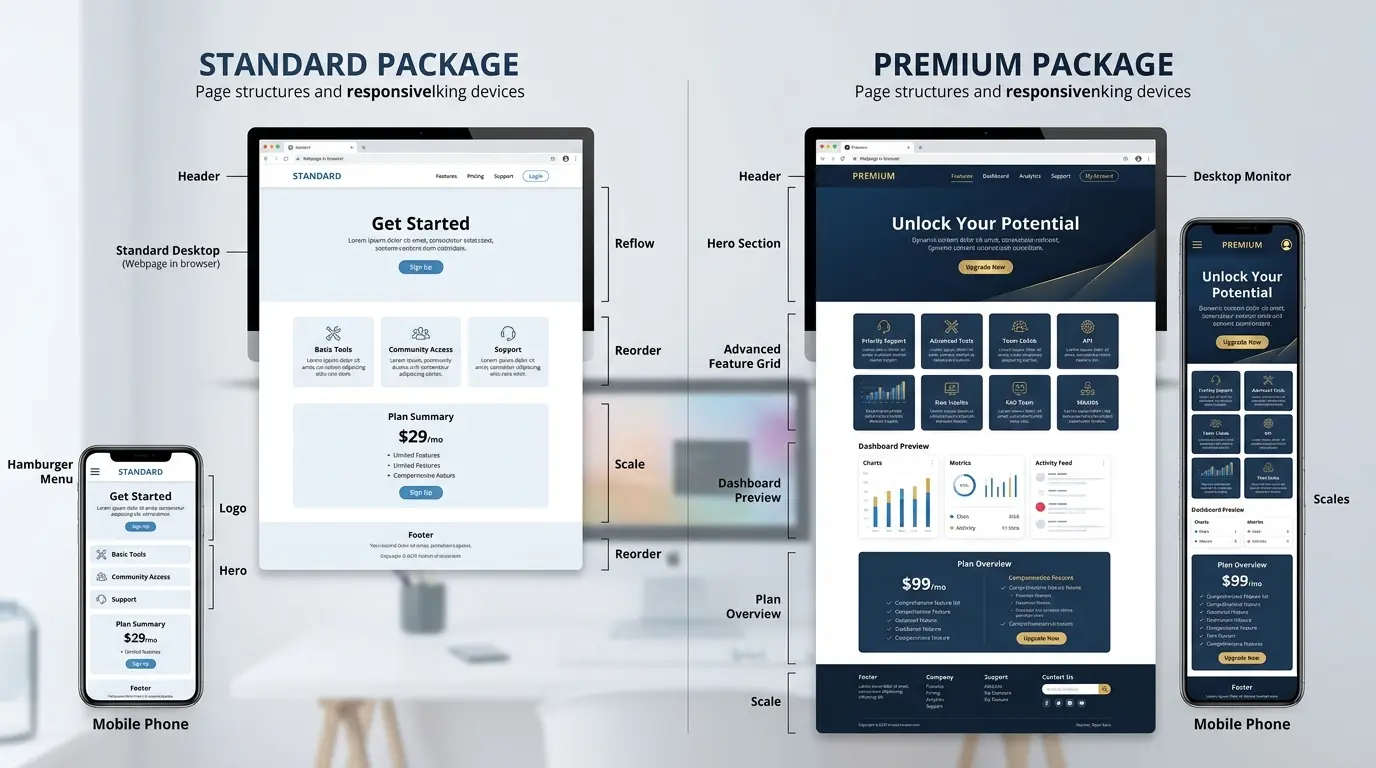 Mockup displaying comparative page structures and desktop/mobile responsiveness for Standard vs. Premium packages.