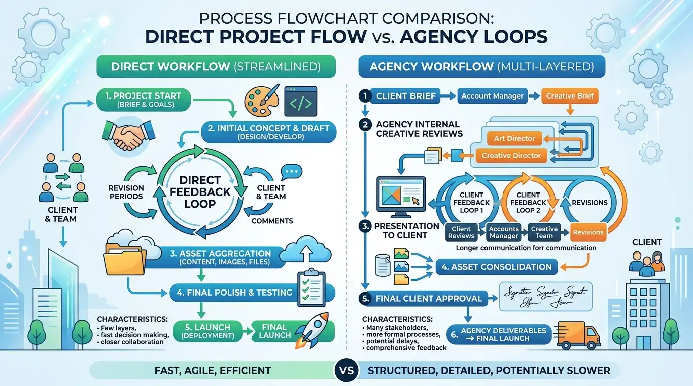 Process flowchart displaying direct feedback loop, revision periods, asset aggregation, and launching steps compared to agency loops.