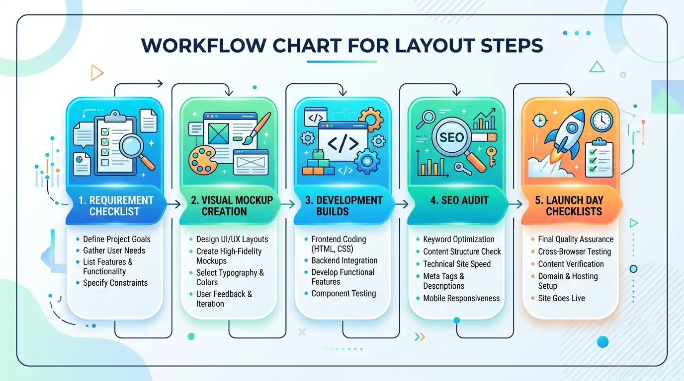Workflow chart showing layout steps: Requirement checklist, visual mockup creation, development builds, SEO audit, and launch day checklists.
